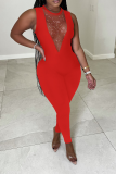 Red Sexy Solid Mesh Rhinestone O Neck Skinny Jumpsuits