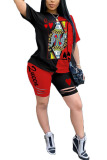 Black and red venetian Fashion Casual Patchwork Print Two Piece Suits pencil Short Sleeve Two Pieces