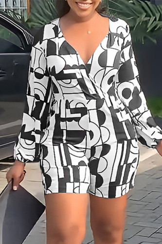 White Fashion Casual Print Basic V Neck Long Sleeves Regular Romper