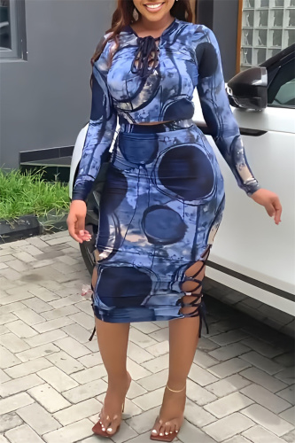 Purple Fashion Casual Print Bandage O Neck Long Sleeve Two Pieces