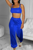 Blue Sexy Solid Patchwork Two Pieces