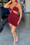 Burgundy Sexy Solid Mesh Spaghetti Strap Pencil Skirt Dresses