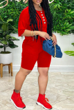Red Fashion Casual Solid Buttons O Neck Short Sleeve Two Pieces
