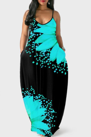 Sky Blue Fashion Sexy Print Backless Spaghetti Strap Long Dress