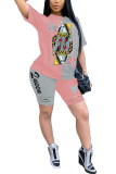 Pink venetian Fashion Casual Patchwork Print Two Piece Suits pencil Short Sleeve Two Pieces