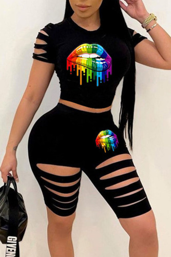 Black Casual Sportswear Print Hollowed Out Patchwork O Neck Short Sleeve Two Pieces
