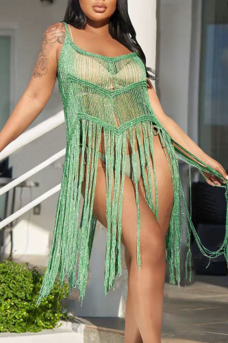 Green Sexy Solid Tassel Hollowed Out Patchwork Swimwears Cover Up