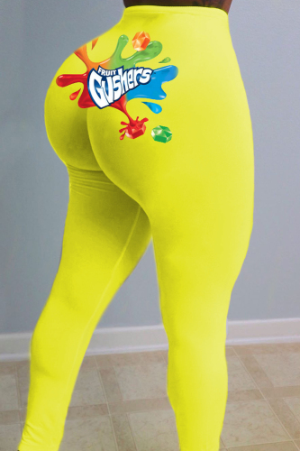 Yellow Fashion Casual Print Basic Skinny High Waist Pencil Trousers