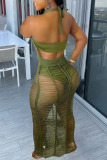 Army Green Sexy Solid Hollowed Out Patchwork See-through Backless Swimwears Cover Up