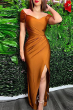 Brown Fashion Solid Patchwork Off the Shoulder Irregular Dress Dresses