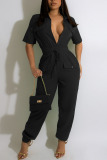 Green Casual Solid Patchwork Buckle Turndown Collar Regular Jumpsuits