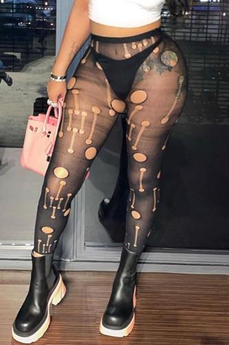 Black Sexy Solid Patchwork See-through Regular High Waist Pencil Patchwork Bottoms