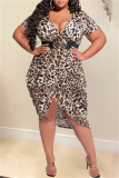 Coffee Fashion Casual Plus Size Print Leopard Patchwork V Neck Short Sleeve Dress (Without Belt)