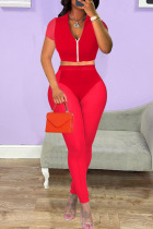 Red Sexy Solid Split Joint Zipper Turndown Collar Short Sleeve Two Pieces