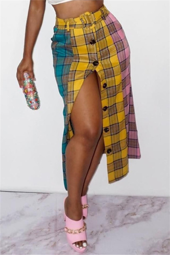 Yellow Fashion Casual Plaid Print Patchwork Regular High Waist Skirt