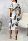 White Fashion Casual Print With Belt Turtleneck Short Sleeve Dress Dresses