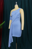 Sky Blue Fashion Sexy Solid Patchwork One Shoulder Evening Dress