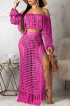 Pink Fashion Sexy Vacation Solid tassel Split Mesh Swimwears Cover Up