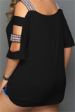 Black Fashion Casual Print Hollowed Out Patchwork O Neck Plus Size Tops