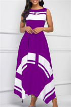 Purple Fashion Casual Print Asymmetrical O Neck Sleeveless Dress