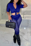 Royal Blue Sexy Solid Patchwork See-through V Neck Short Sleeve Two Pieces