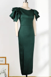 Green Fashion Sexy Solid Patchwork Slit O Neck Evening Dress Dresses