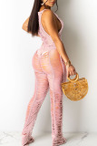 Brown Sexy Solid Hollowed Out Patchwork See-through O Neck Straight Jumpsuits