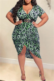 Green Fashion Casual Plus Size Print Leopard Patchwork V Neck Short Sleeve Dress (Without Belt)