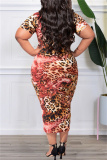 Leopard Print Fashion Casual Print Basic Half A Turtleneck Short Sleeve Dress Plus Size Dresses
