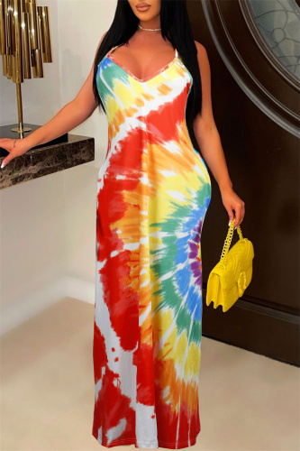 Multicolor Fashion Sexy Print Backless Spaghetti Strap Long Dress