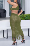 Army Green Sexy Solid Tassel Hollowed Out Patchwork Swimwears Cover Up