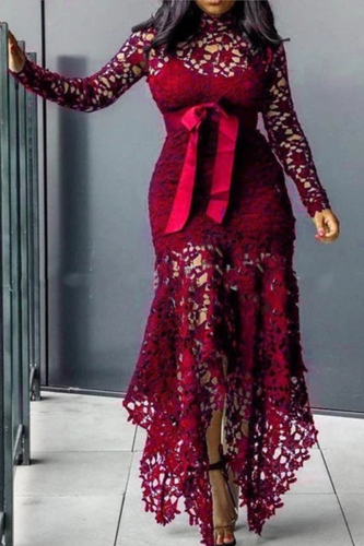 Wine Red Sexy Patchwork Patchwork Half A Turtleneck Irregular Dress Dresses