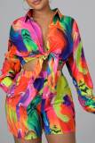 Colour Fashion Patchwork Tie-dye Turndown Collar Long Sleeve Two Pieces