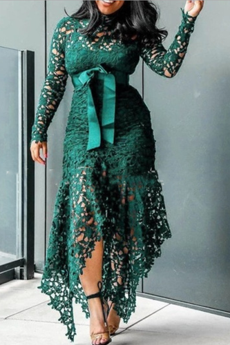 Green Sexy Patchwork Patchwork Half A Turtleneck Irregular Dress Dresses