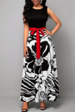 Black Fashion Casual Print Patchwork With Belt O Neck Sleeveless Dress