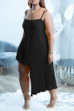 Black Sexy Solid Patchwork Fold Asymmetrical Spaghetti Strap Sling Dress Dresses
