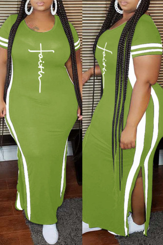 Army Green Fashion Casual Plus Size Print Slit O Neck Short Sleeve Dress