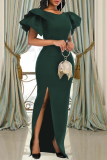 Green Fashion Sexy Solid Patchwork Slit O Neck Evening Dress Dresses