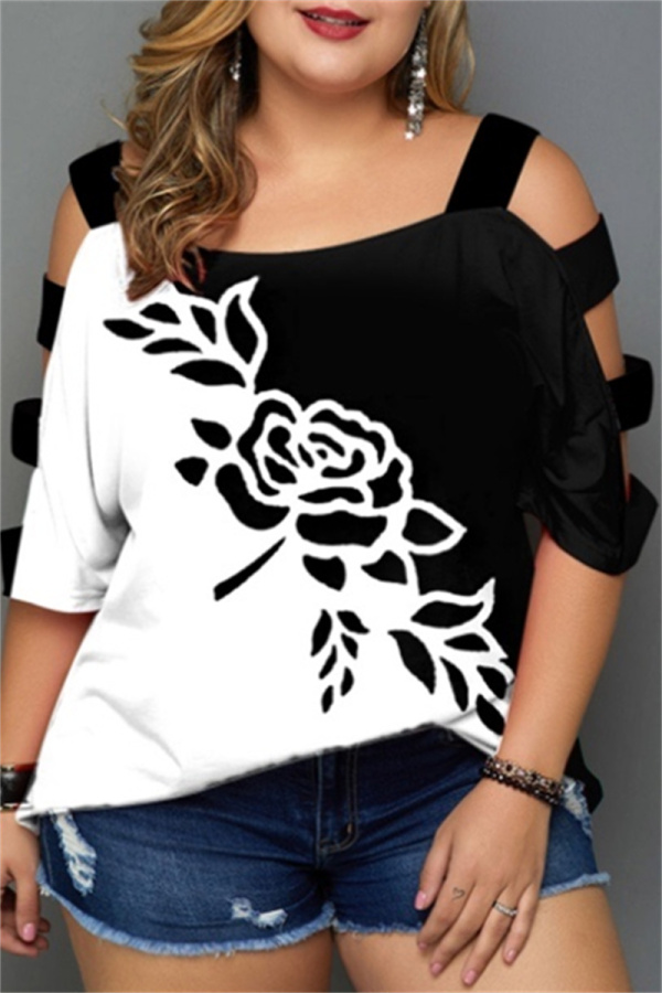 Black White Fashion Casual Print Hollowed Out Patchwork O Neck Plus Size Tops