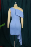 Sky Blue Fashion Sexy Solid Patchwork One Shoulder Evening Dress