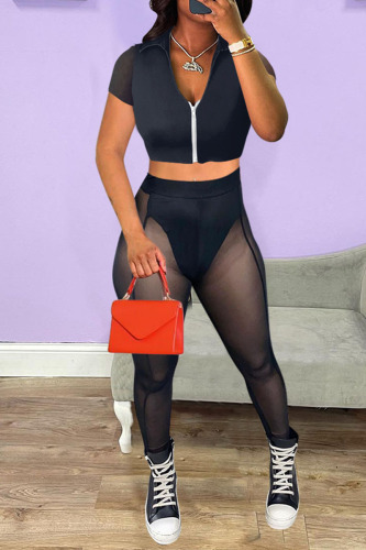 Black Sexy Solid Patchwork Zipper Turndown Collar Short Sleeve Two Pieces