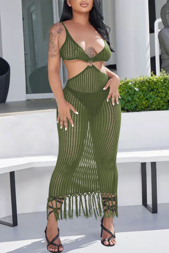 Army Green Sexy Solid Tassel Hollowed Out Patchwork Swimwears Cover Up