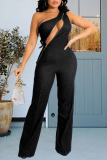 Grey Fashion Casual Solid Hollowed Out Patchwork Zipper Oblique Collar Regular Jumpsuits