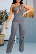 Grey Fashion Casual Solid Hollowed Out Split Joint Zipper Oblique Collar Regular Jumpsuits