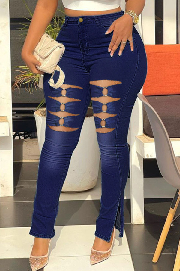 Deep Blue Street Solid Hollowed Out Patchwork Plus Size Jeans