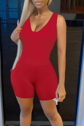 Red Fashion Solid Patchwork U Neck Sleeveless Two Pieces
