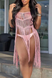 Pink Sexy Solid Tassel Hollowed Out Patchwork Swimwears Cover Up