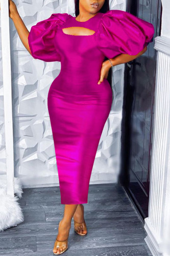 Rose Red Fashion Sexy Solid Hollowed Out O Neck Evening Dress Dresses