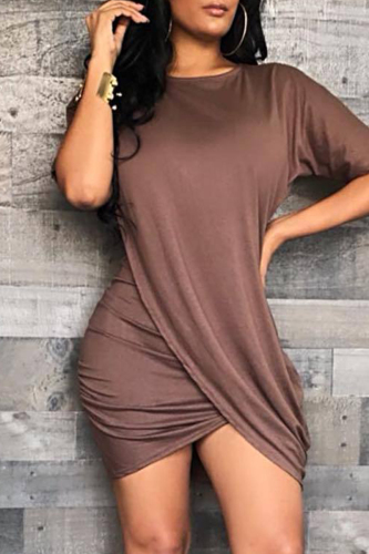 Coffee Fashion Casual Solid Patchwork O Neck Short Sleeve Dress