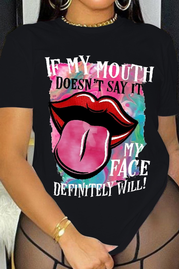 Black Fashion Street Lips Printed Patchwork Letter O Neck T-Shirts